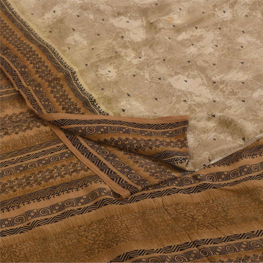 Sanskriti Vintage Sarees Brown Pure Crepe Silk Printed Sari 5+yd Craft Fabric
