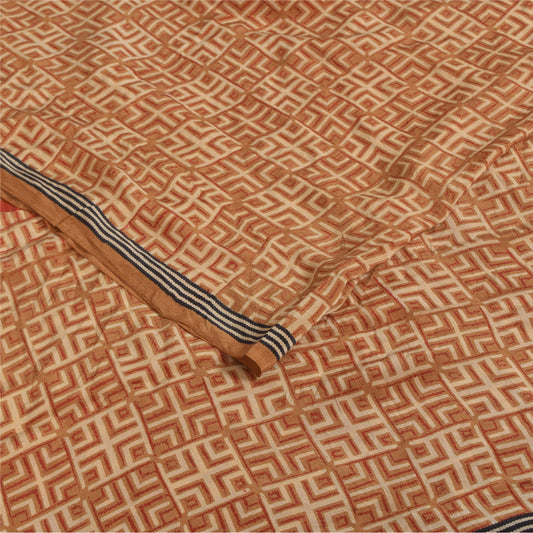 Sanskriti Vintage Sarees Orange Pure Crepe Silk Printed Sari 5+yd Craft Sustainable Fabric