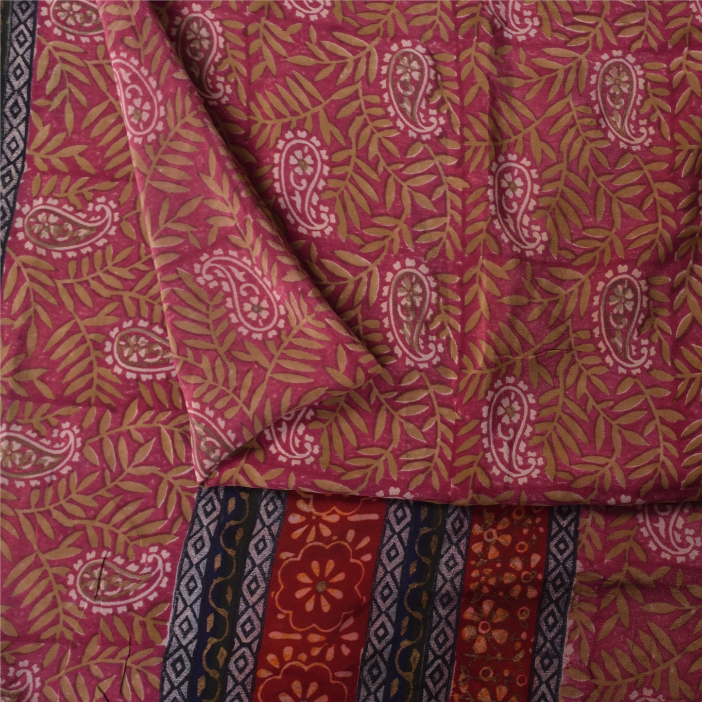 Sanskriti Vintage Sarees Purple Pure Crepe Silk Printed Sari 5+yd Craft Fabric