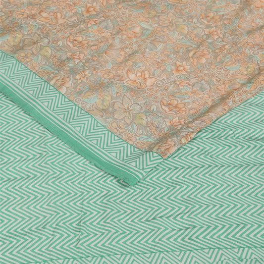 Sanskriti Vintage Sarees Gray & Green Pure Crepe Printed Sari 5+yd Craft Sustainable Fabric