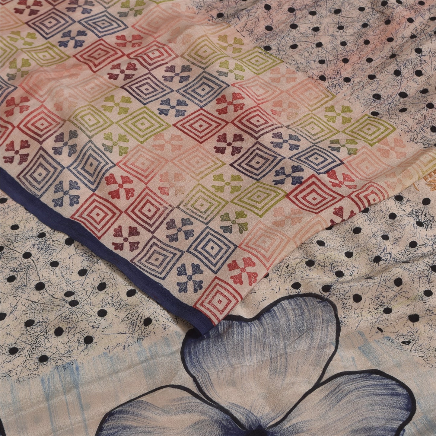 Sanskriti Vintage Sarees Ivory Pure Crepe Silk Printed Sari 5+yd Craft Fabric