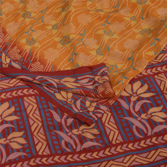 Sanskriti Vintage Sarees Mustard Pure Crepe Silk Printed Sari 5+yd Craft Fabric