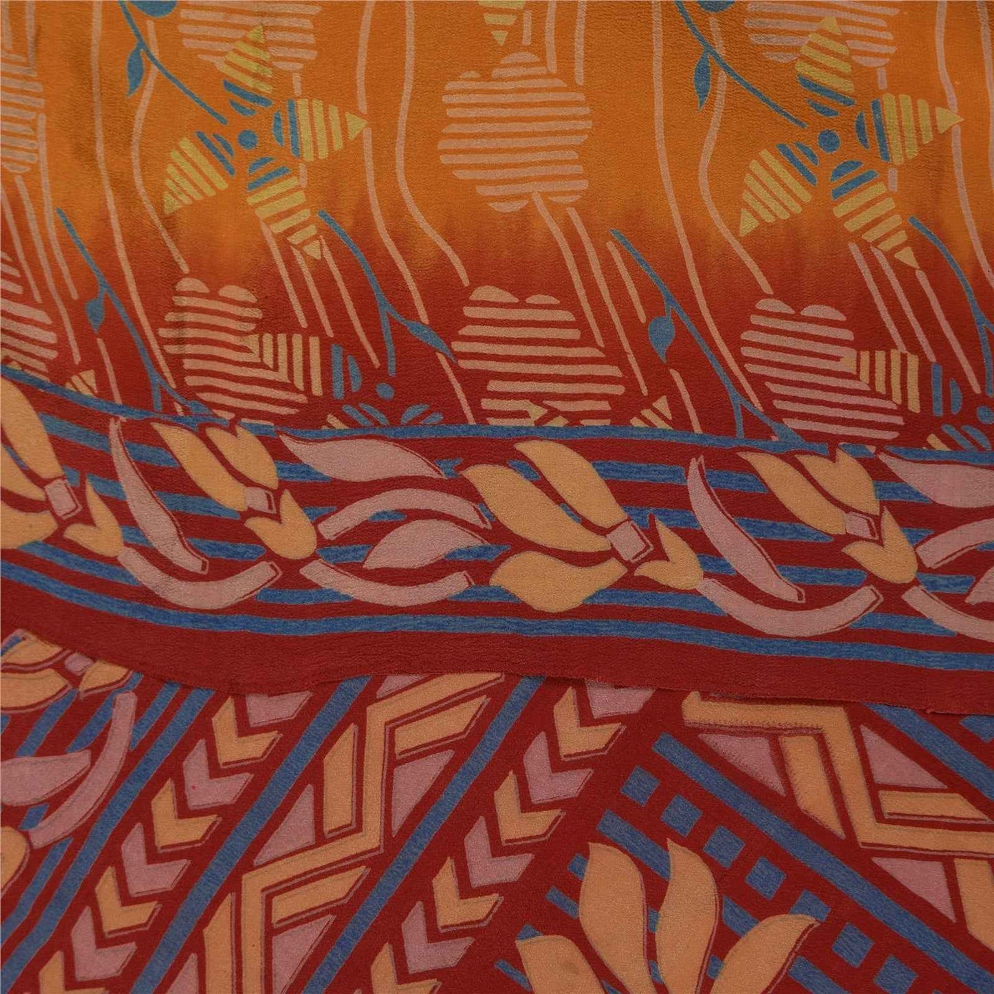 Sanskriti Vintage Sarees Mustard Pure Crepe Silk Printed Sari 5+yd Craft Fabric