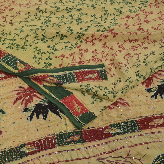 Sanskriti Vintage Sarees Cream Hand Beaded Pure Crepe Printed Sari 5+yd Sustainable Fabric