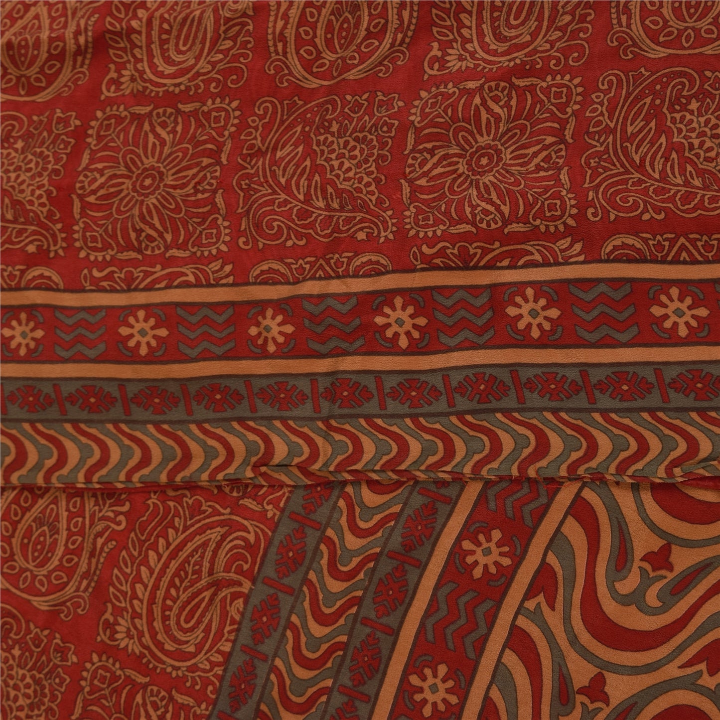 Sanskriti Vintage Sarees Dark Red Pure Crepe Silk Printed Sari 6yd Craft Sustainable Fabric