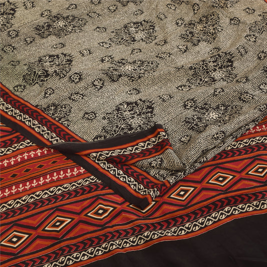 Sanskriti Vintage Sarees Gray 100% Pure Crepe Silk Printed Sari 6yd Craft Sustainable Fabric