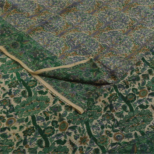 Sanskriti Vintage Sarees Multicolor Pure Crepe Silk Print Sari 5+yd Craft Fabric