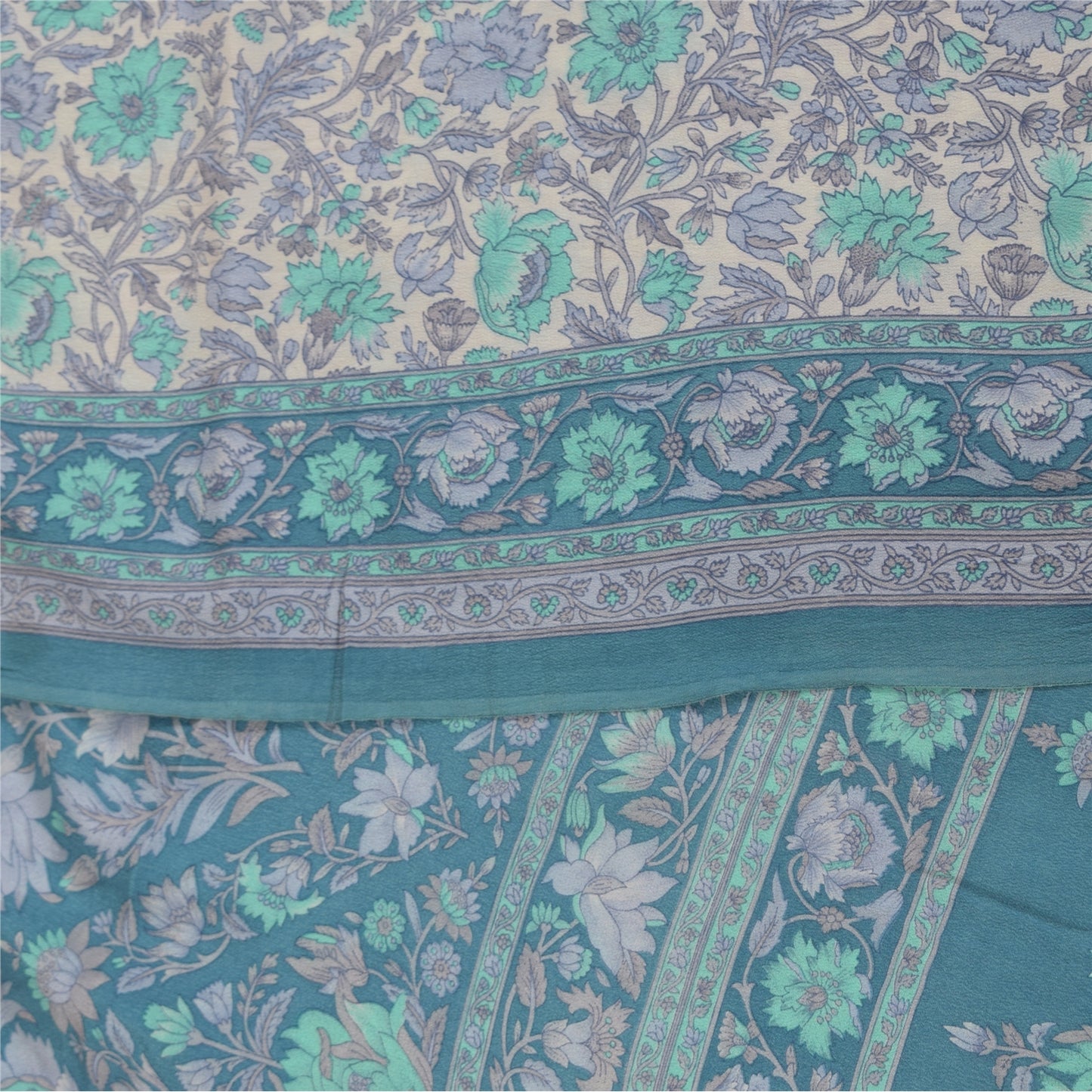 Sanskriti Vintage Sarees Ivory & Blue Pure Crepe Printed Sari 5+yd Craft Fabric