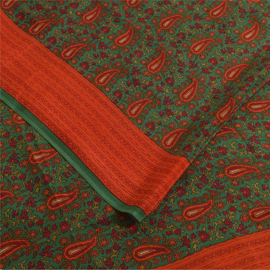 Sanskriti Vintage Sarees Green Pure Crepe Silk Printed Sari 5+yd Craft Fabric