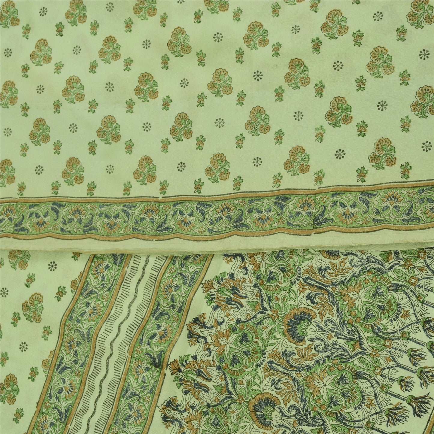 Sanskriti Vintage Sarees Ivory & Green Pure Crepe Printed Sari 5+yd Craft Fabric