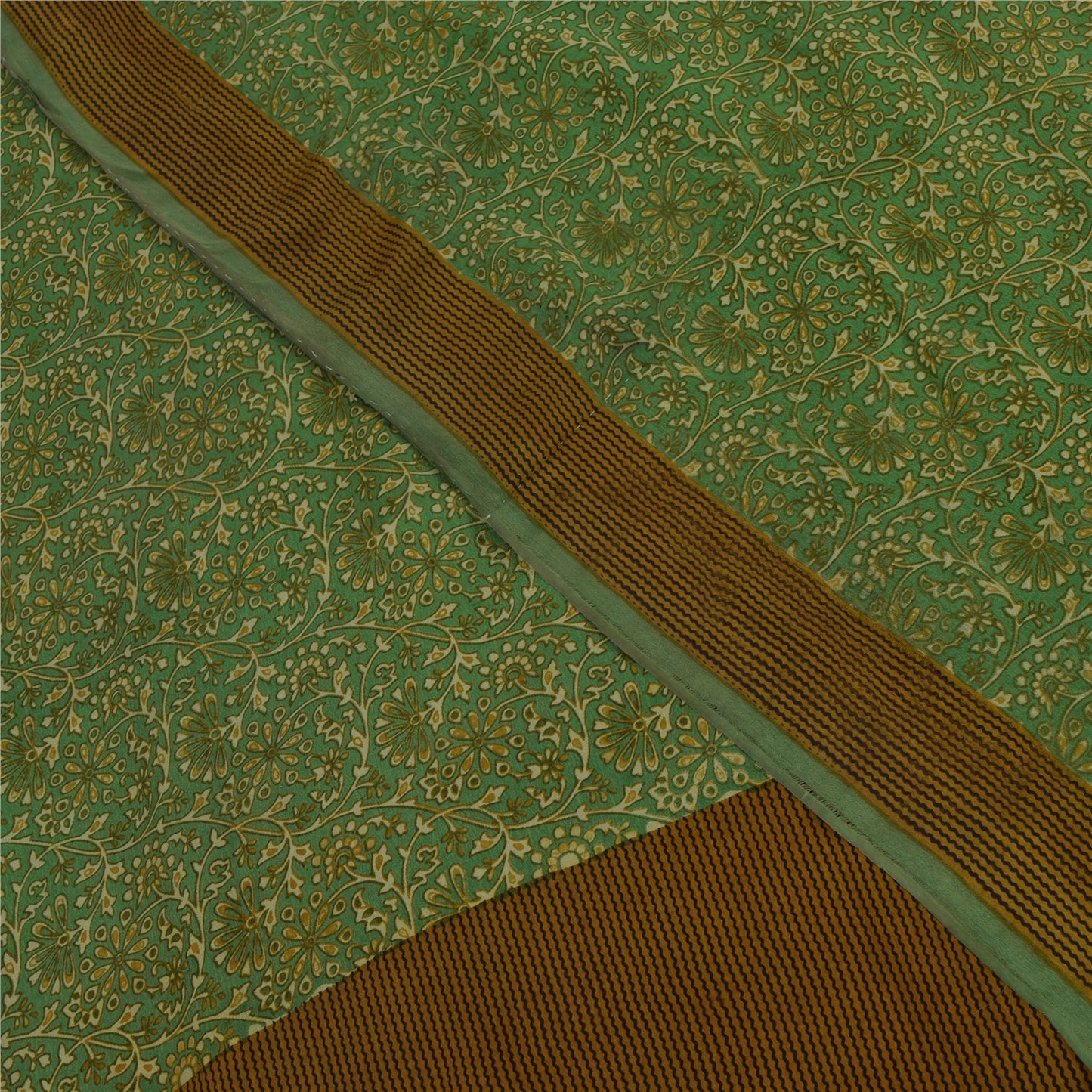 Sanskriti Vintage Sarees Green Pure Crepe Silk Printed Sari 5+yd Craft Fabric