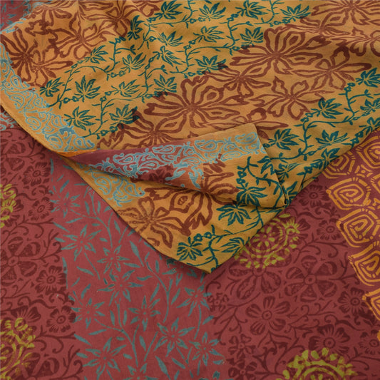 Sanskriti Vintage Sarees Multicolor Pure Crepe Silk Print Sari 5+yd Craft Fabric