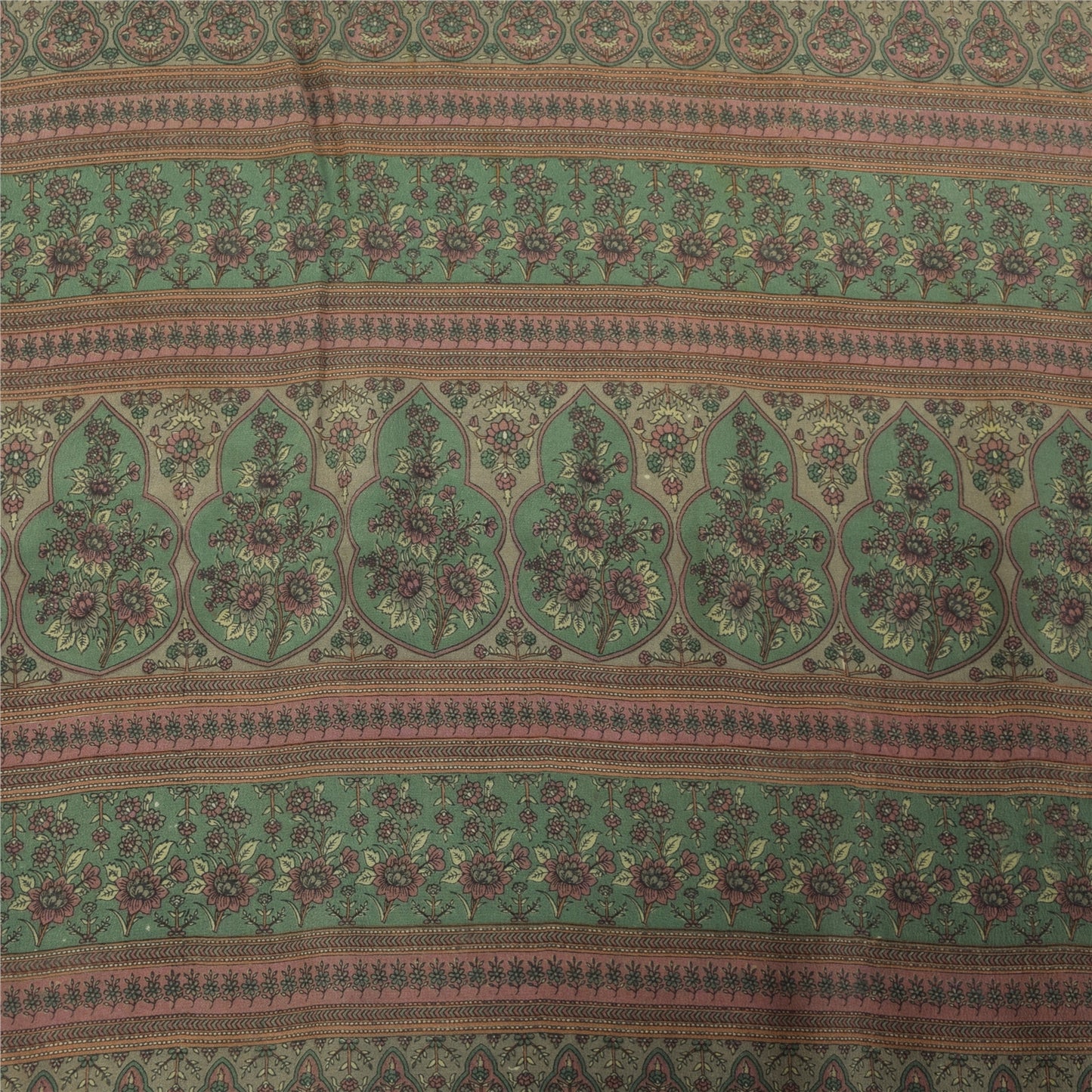 Sanskriti Vintage Sarees Ivory Pure Crepe Silk Printed Sari 5+yd Craft Fabric