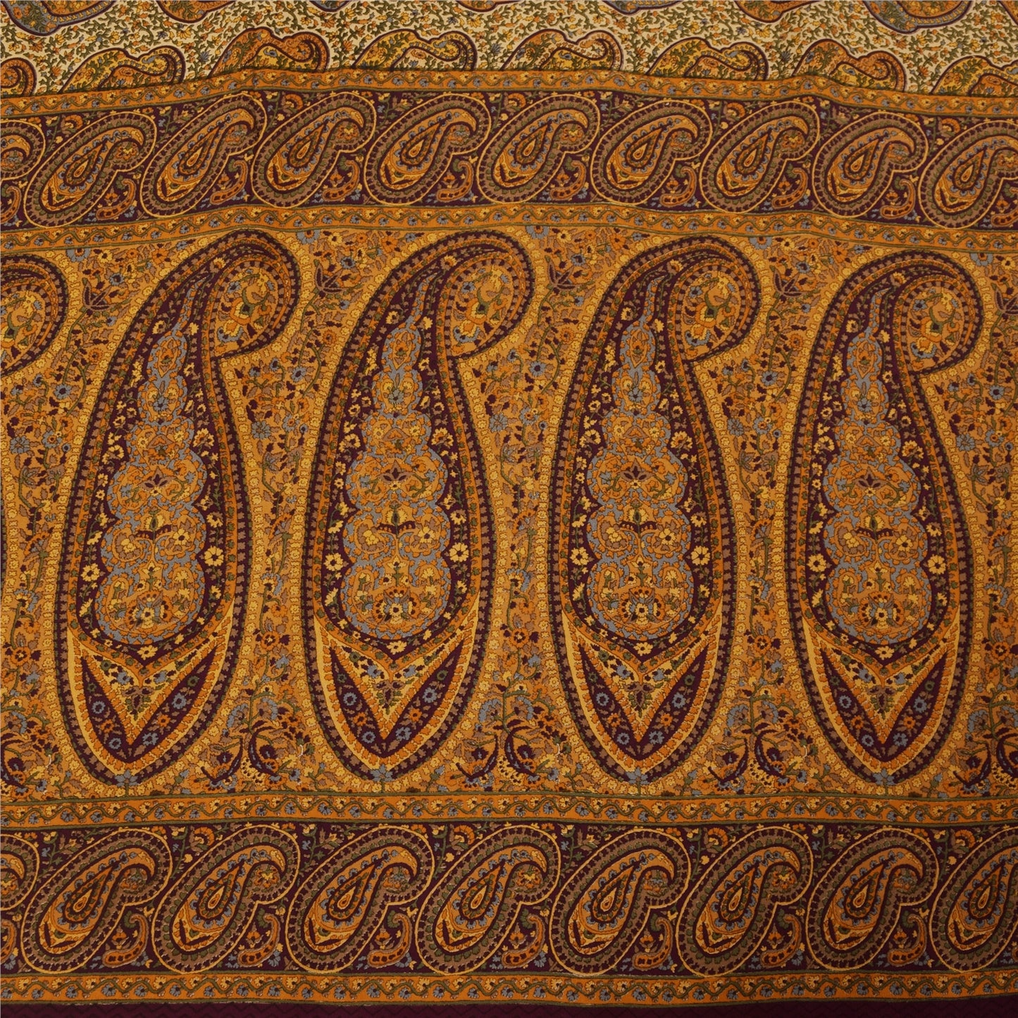 Sanskriti Vintage Sarees Cream Pure Crepe Silk Printed Sari 5+yd Craft Fabric