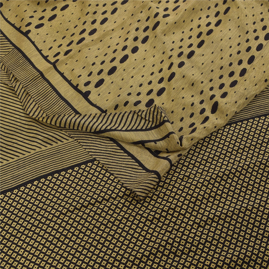Sanskriti Vintage Sarees Cream & Black Pure Crepe Printed Sari 5+yd Craft Fabric