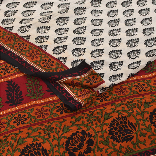 Sanskriti Vintage Sarees Ivory Block Printed Pure Crepe Sari 5+yd Craft Fabric