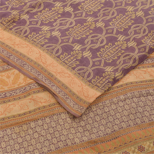 Sanskriti Vintage Sarees Purple Pure Crepe Silk Printed Sari 5+yd Craft Fabric