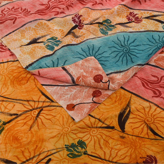 Sanskriti Vintage Sarees Multicolor Pure Crepe Silk Print Sari 5+yd Craft Fabric