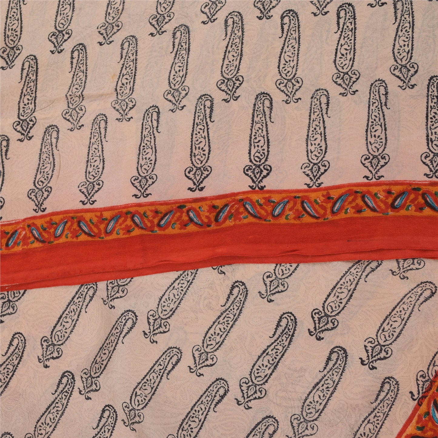 Sanskriti Vintage Sarees Ivory Pure Crepe Hand BlockPrint Sari 5+yd Craft Fabric