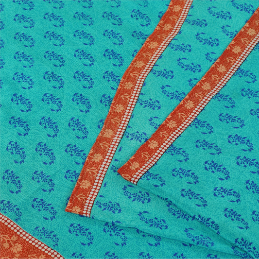 Sanskriti Vintage Sarees Blue 100%Pure Crepe Silk Printed Sari 5+yd Craft Fabric