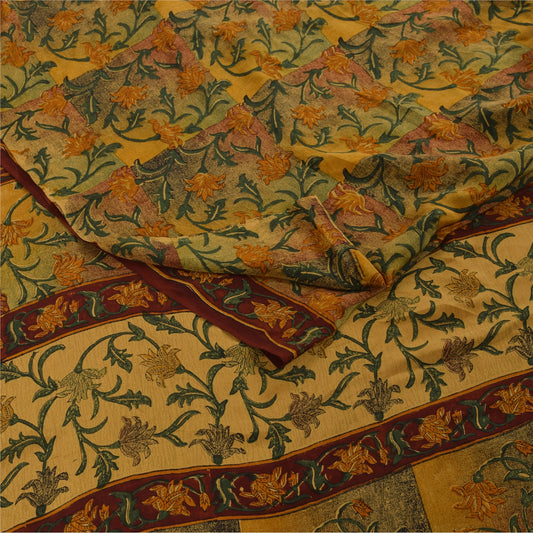 Sanskriti Vintage Sarees Multicolor Pure Crepe Silk Print Sari 6+yd Craft Fabric
