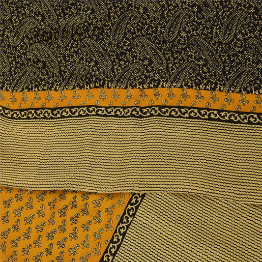 Sanskriti Vintage Sarees Black Pure Crepe Paisley Printed Sari 5+yd Craft Fabric