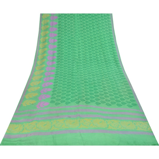Sanskriti Vintage Sarees Green Pure Crepe Silk Printed Sari 5+yd Craft Fabric
