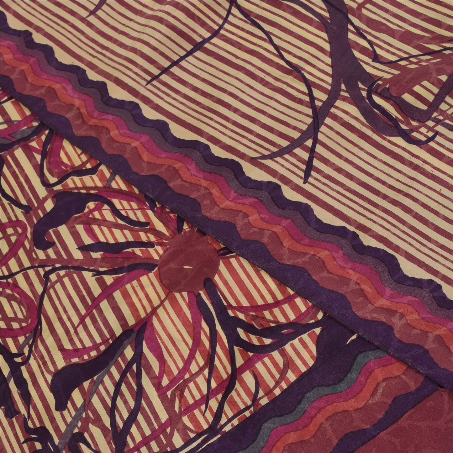 Sanskriti Vintage Sarees Cream Pure Crepe Floral Printed Sari 5+yd Craft Fabric