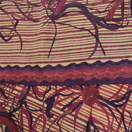 Sanskriti Vintage Sarees Cream Pure Crepe Floral Printed Sari 5+yd Craft Fabric