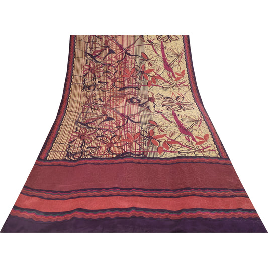 Sanskriti Vintage Sarees Cream Pure Crepe Floral Printed Sari 5+yd Craft Fabric