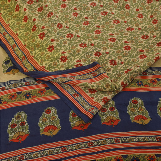 Sanskriti Vintage Sarees Cream Pure Crepe Silk Printed Sari 5+yd Craft Fabric