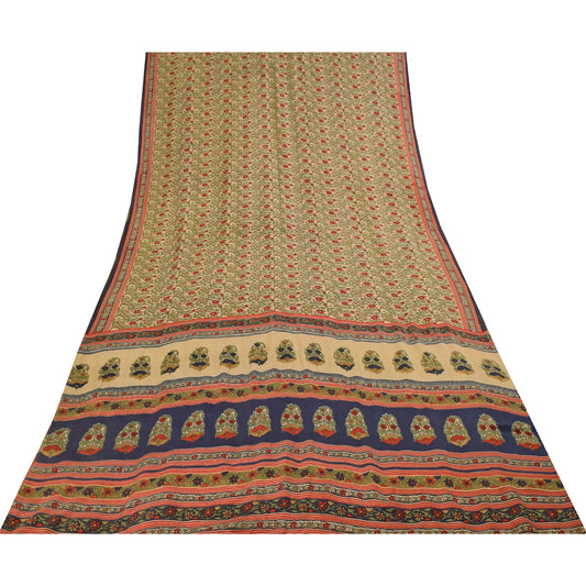 Sanskriti Vintage Sarees Cream Pure Crepe Silk Printed Sari 5+yd Craft Fabric