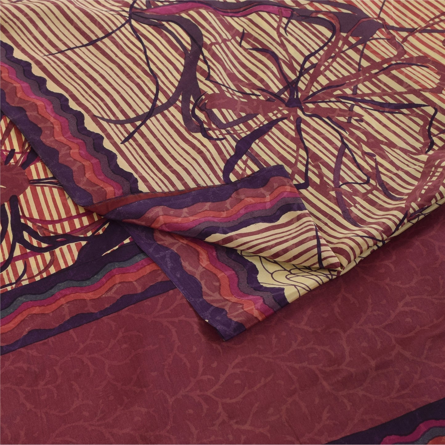 Sanskriti Vintage Sarees Ivory Pure Crepe Floral Printed Sari 5+yd Craft Fabric