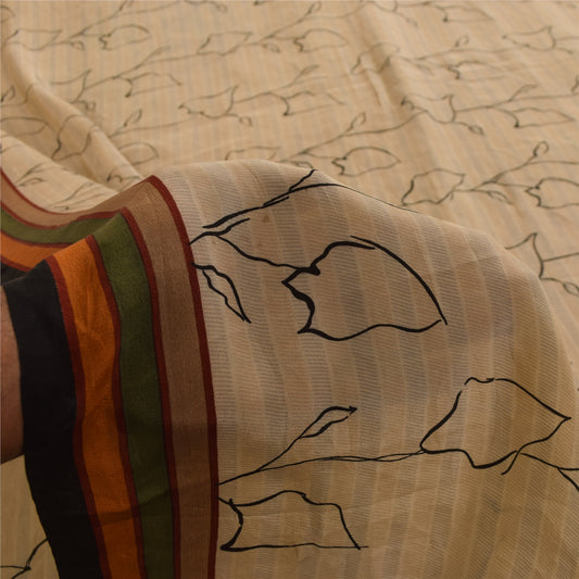 Sanskriti Vintage Sarees Ivory Pure Crepe Silk Printed Sari 5+yd Craft Fabric