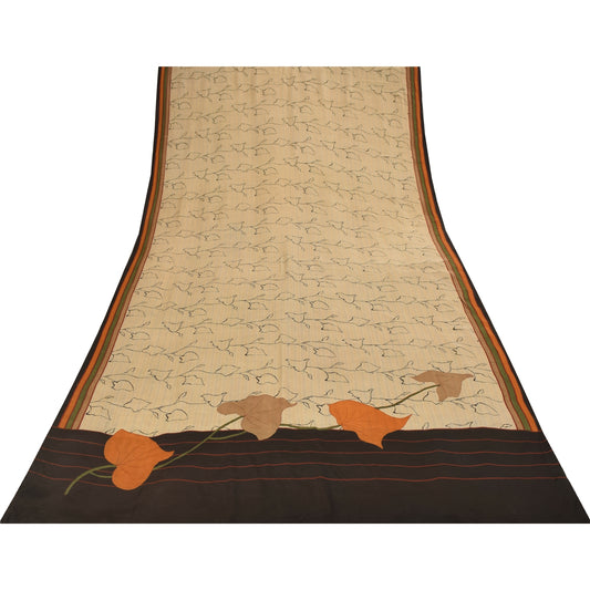 Sanskriti Vintage Sarees Ivory Pure Crepe Silk Printed Sari 5+yd Craft Fabric