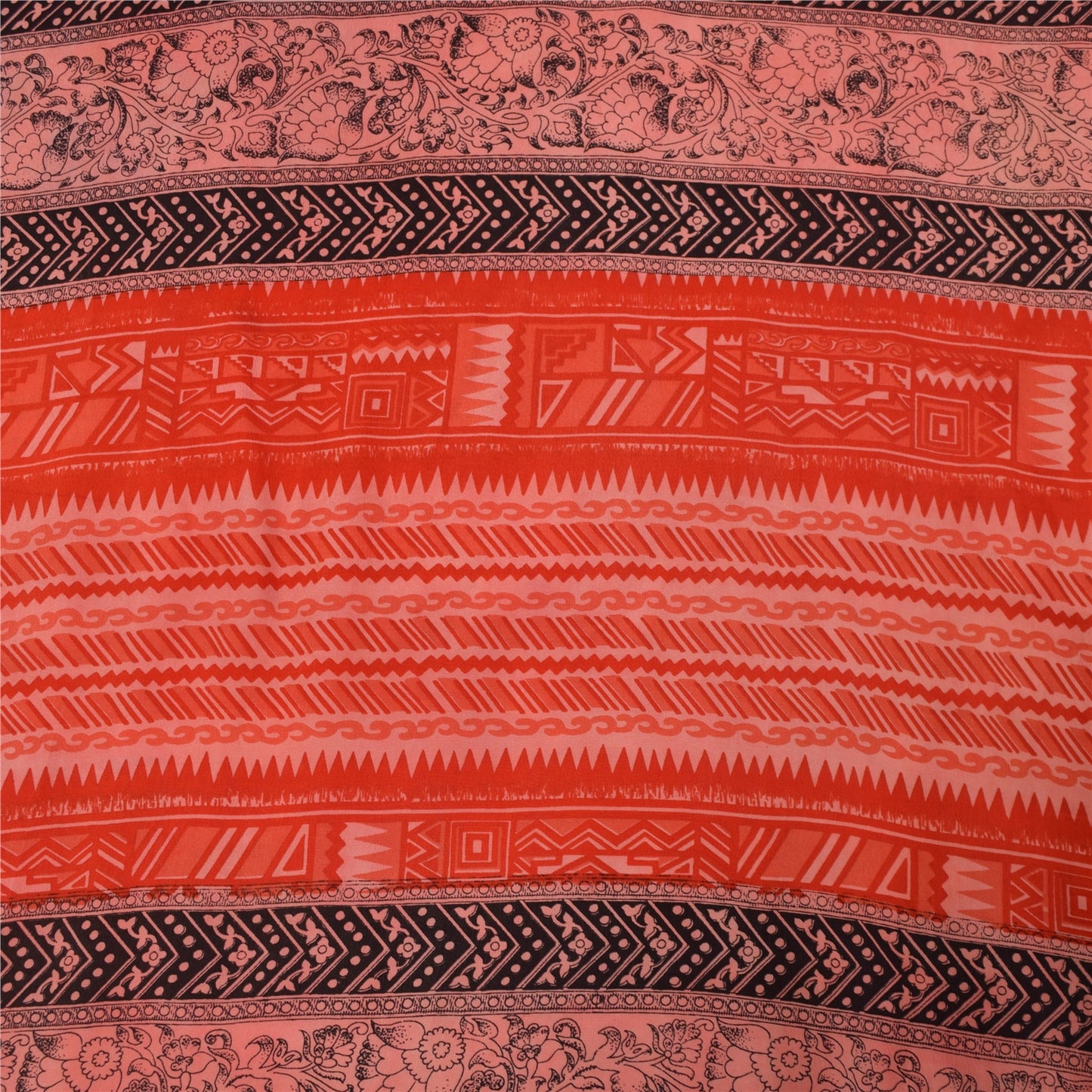 Sanskriti Vintage Sarees Red IndiaPure Crepe Silk Printed Sari 5+yd Craft Fabric