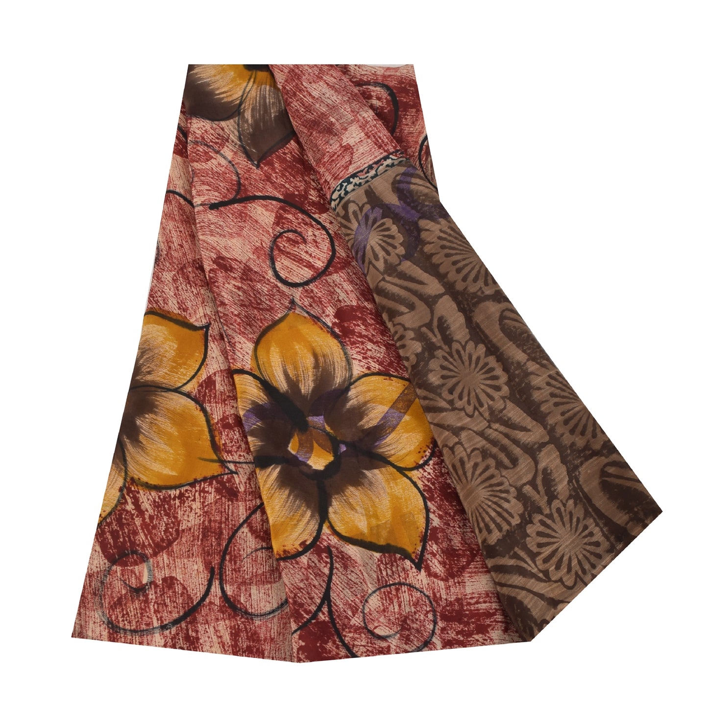 Sanskriti Vintage Sarees Red & Brown Pure Crepe Printed Sari 5+yd Craft Fabric