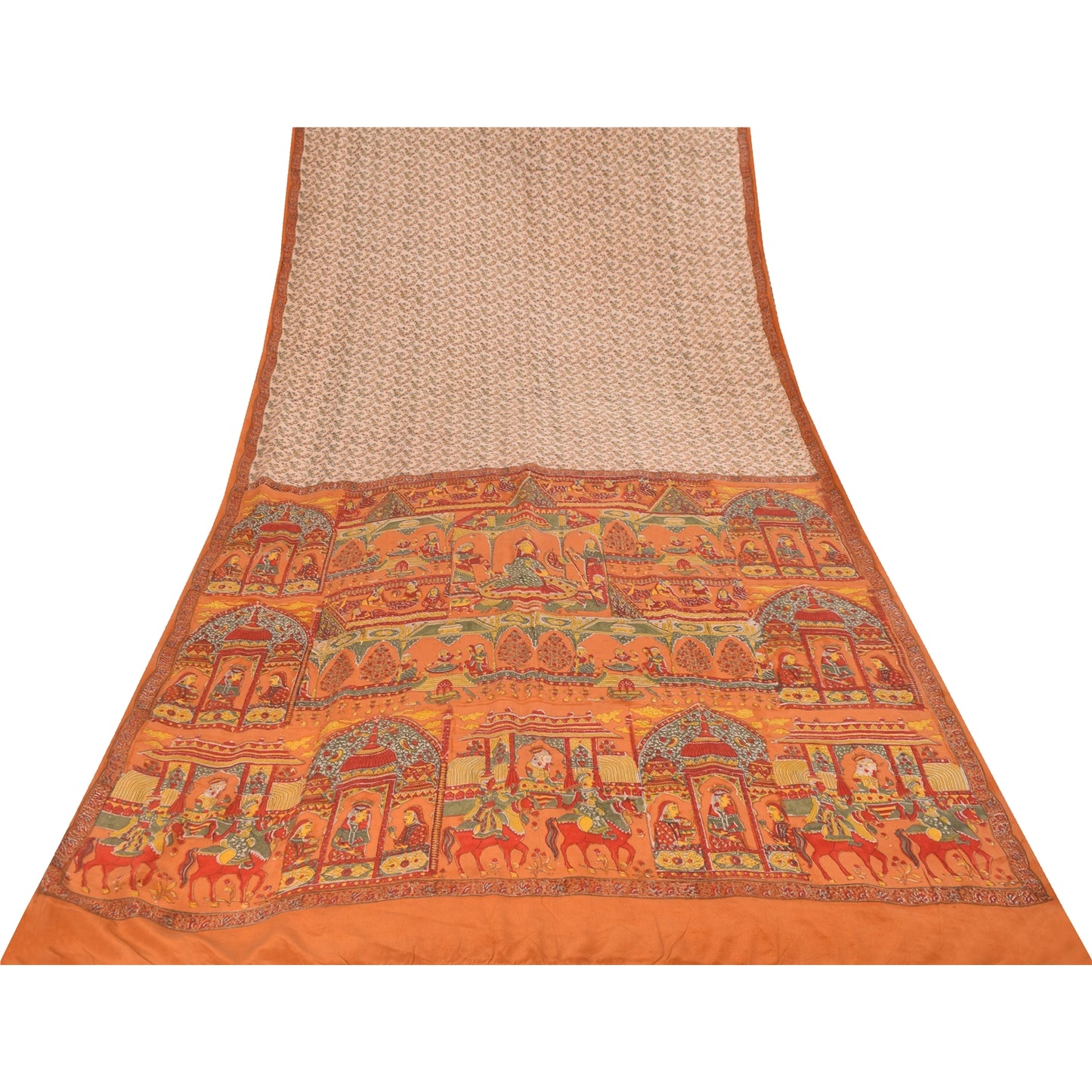 Sanskriti Vintage Sarees Ivory Pure Crepe Human Printed Sari 5+yd Craft Fabric