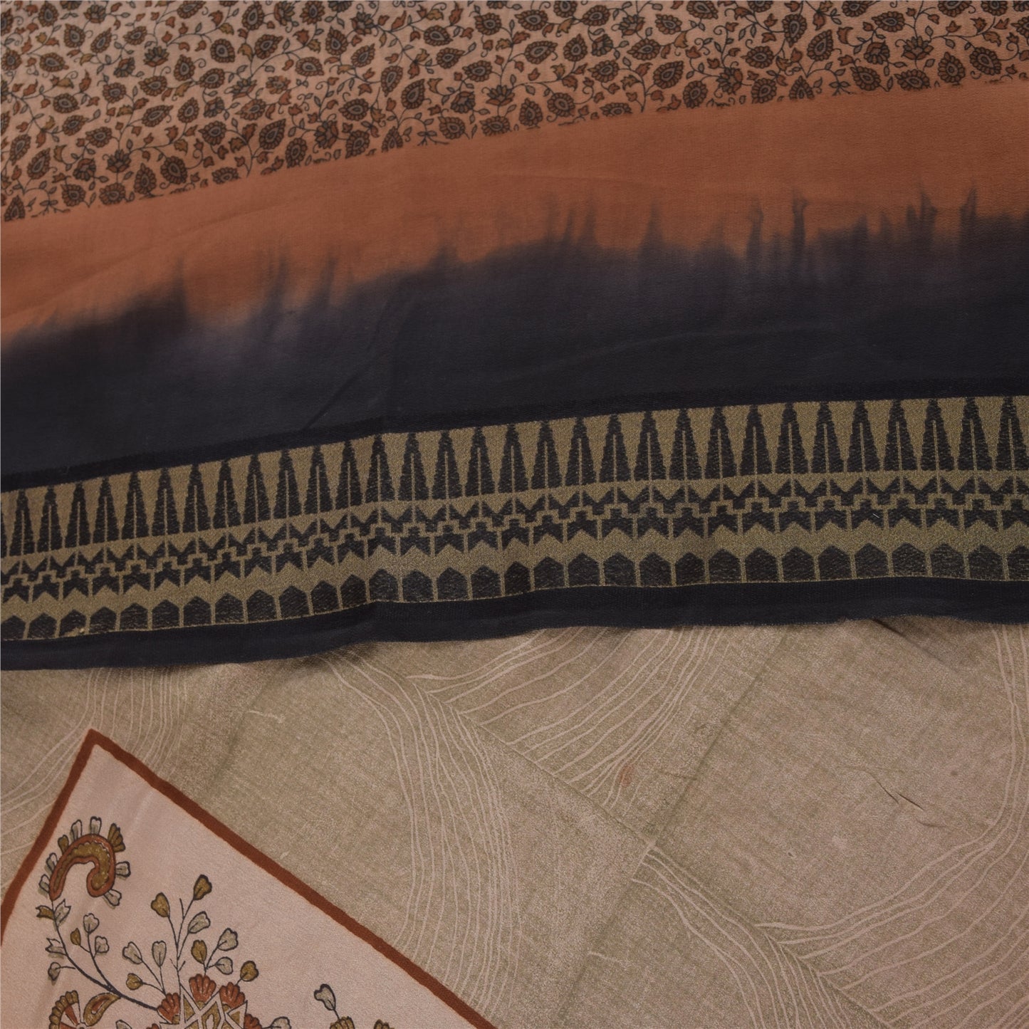 Sanskriti Vintage Sarees Ivory Pure Crepe Silk Printed Sari 5+yd Craft Fabric