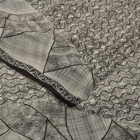 Sanskriti Vintage Sarees Gray 100%Pure Crepe Silk Printed Sari 5+yd Craft Fabric