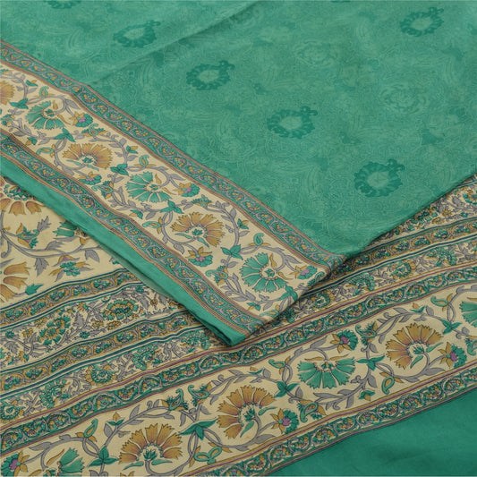 Sanskriti Vintage Sarees Green Pure Crepe Silk Printed Sari 5+yd Craft Fabric