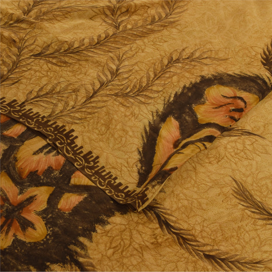 Sanskriti Vintage Sarees Saffron Pure Crepe Silk Printed Sari 5+yd Craft Fabric