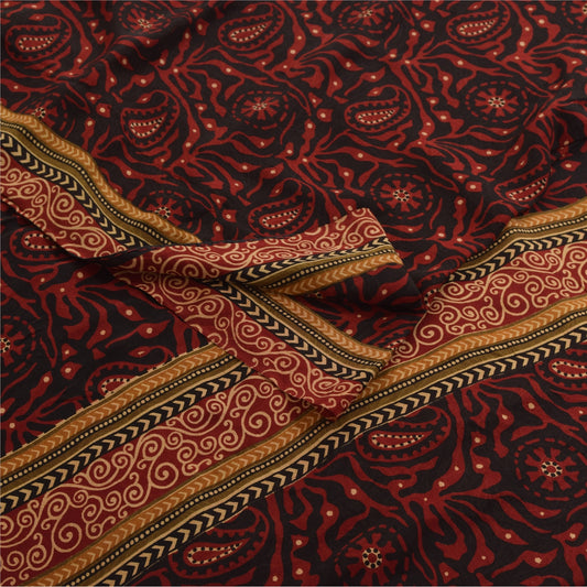 Sanskriti Vintage Sarees Black & Orange Pure Crepe Print Sari 5+yd Craft Fabric