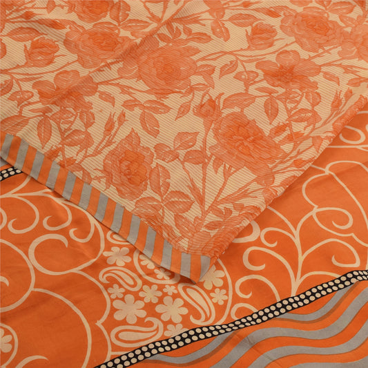 Sanskriti Vintage Sarees Orange Pure Crepe Silk Printed Sari 5+yd Craft Fabric