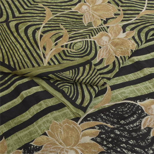 Sanskriti Vintage Sarees Green & Black Pure Crepe Printed Sari 6yd Craft Fabric