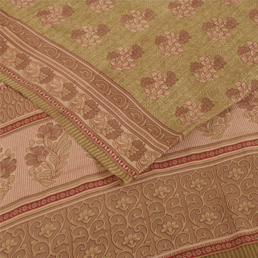 Sanskriti Vintage Sarees Green Pure Crepe Silk Printed Sari 5+yd Craft Fabric