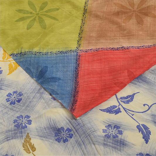 Sanskriti Vintage Sarees Multicolor Pure Crepe Silk Print Sari 5+yd Craft Fabric