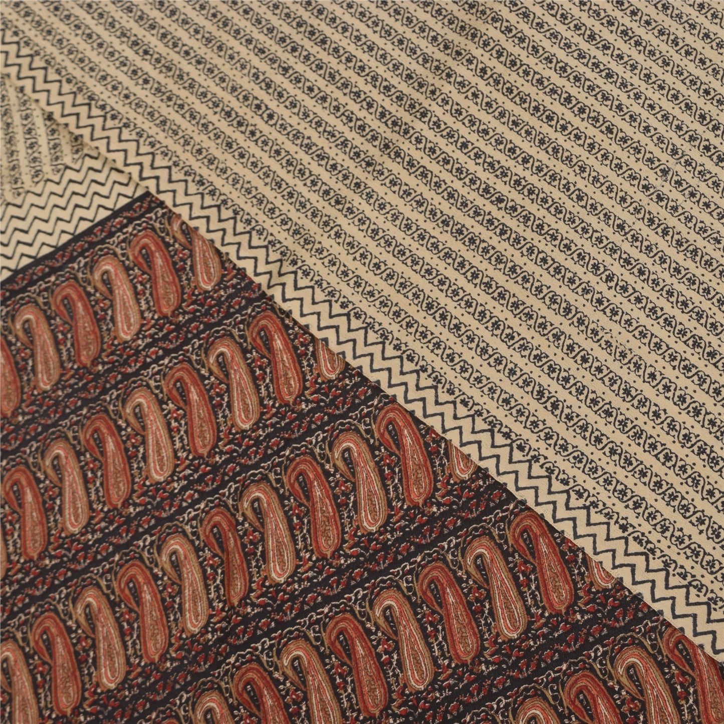 Sanskriti Vintage Sarier Elfenben Ren Crepe Silke Trykt Sari 5+ yard Håndværksstof