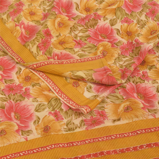 Sanskriti Vintage Sarees Multicolor Pure Crepe Silk Print Sari 5+yd Craft Fabric