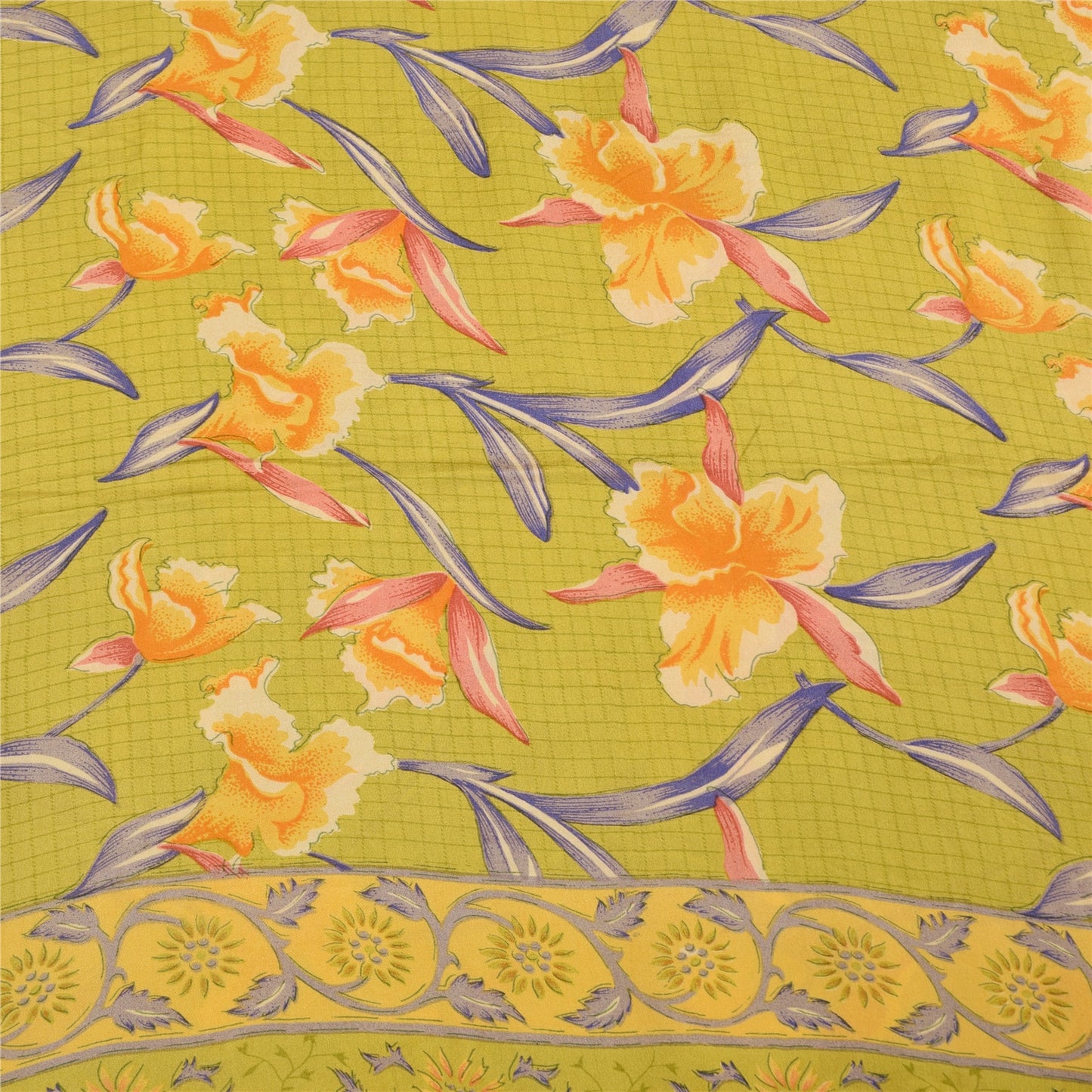 Sanskriti Vintage Sarees Green Pure Crepe Silk Printed Sari 5+yd Craft Fabric